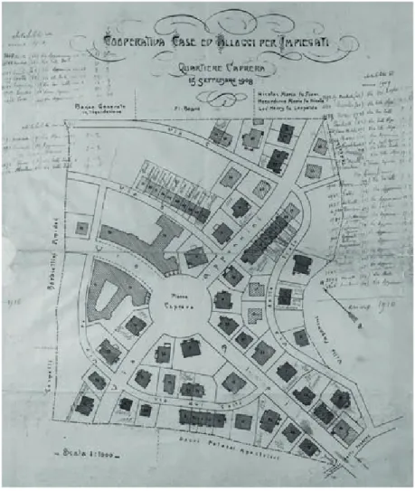 Fig. 1 - Ufficio Tecnico della Cooperativa Case ed Alloggi per Impiegati, Quartiere Caprera  in Roma, 15 settembre 1908, planimetria generale (ASC, IE, 2917/1907, cat