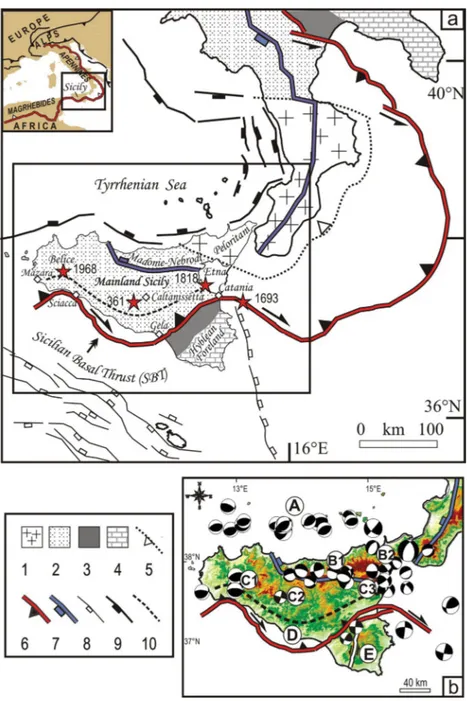 Figure 1. (a) Tectonic framework of the study area with the major structural domains of southern Italy (from Lavecchia et al
