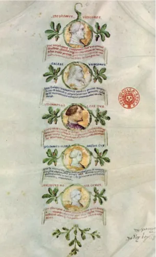 Fig. 5. - Genealogia Viscontea, Pietro di Castellet- Castellet-to, Elogio funebre di Gian Galeazzo Visconti,  Pari-gi, Bibliothe`que Nationale, ms