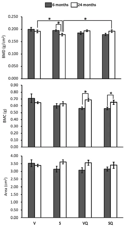 Figure 1. Effects of dietary fat and CoQ 10  on bone mineral density (BMD), bone mineral content  (BMC) and bone cross-sectional area in 6- and 24-month-old rats