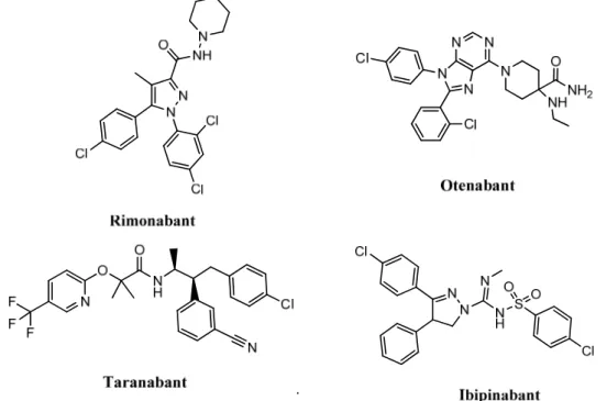 Figure 1. The type-1 cannabinoid receptor (CB1) antagonists: Rimonabant, taranabant, otenabant and 