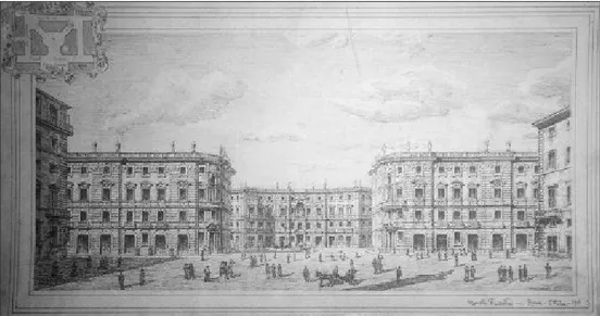 Fig. 9 – Marcello Piacentini, progetto di concorso bandito dal Comune di Roma per la sistemazione di piazza Colonna (1903), veduta prospettica degli edifici (Fondo Piacentini Firenze)