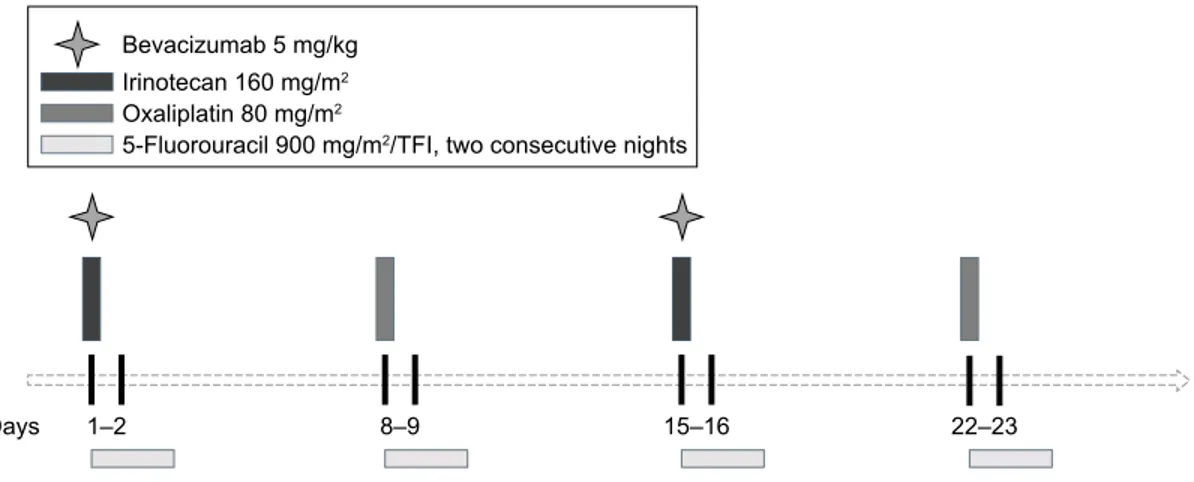 Figure 1 graphic representation of the FirB/FOx schedule. Abbreviation: TFI, timed-flat infusion.