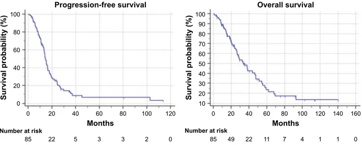 Figure 2 Kaplan–Meier survival estimate of the overall treated patients: progression-free survival and overall survival.