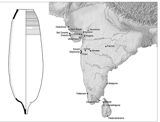 fig. 1 – Anfora ‘Torpedo’ e sue  principali localizzazioni in India e  Srii Lanka (da Tomber 2007).