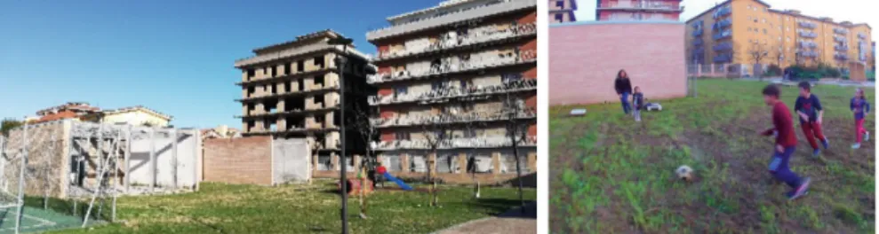 Fig. 2. Pescara, Rancitelli, Children’s Park, in the background the ruins of the Clerico buildings, next to the “Horseshoe2, a symbolic place for the city’s social exclusion.