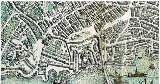 Fig. 1 - E. Du Pérac - A. Lafréry, Mappa della città di Napoli, 1566. Dettaglio.  (Napoli, Museo Nazionale di San Martino, inv
