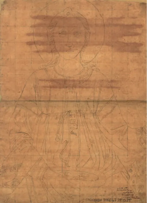 Fig. 6. Vat. lat. 9847, f. 9r: autore ignoto, Santa Lucia di Iacopo di Paolo, matita su carta da  lucido, dalla collezione Malvezzi.