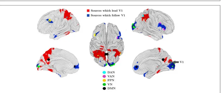 FIGURE 7 | Group averaged map in the alpha band between the primary visual cortex (V1) and all other locations over the cortex obtained by MPSI