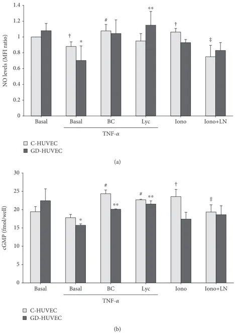 Figure 4: The eﬀects of carotenoids on NO bioavailability in C- and GD-HUVECs. (a) Nitric oxide generation measured by DAF-2DA cytometric analysis and (b) cGMP levels measured by an EIA kit in HUVECs pretreated with BC or Lyc (2.5 mmol/L) in the presence o