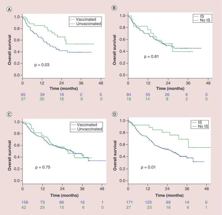 Figure 3. Final overall survival results in the elderly subgroup (A and B, 102 patients over 71 years) and in the complementary nonelderly subgroup (C and D, 198 patients)