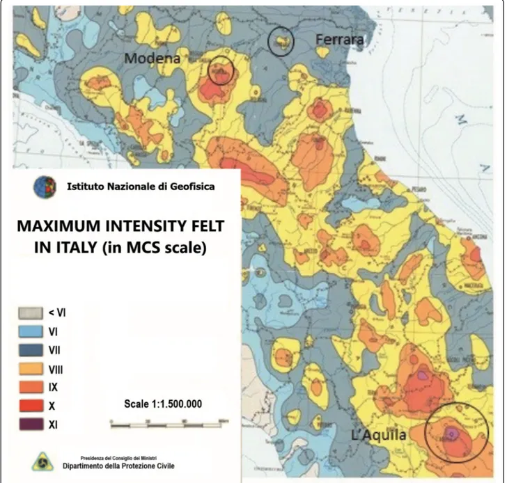 Fig. 1 Italian Maximum Intensity felt map (After Boschi et al. 1995 , modified) with the areas of two recent Italian earthquake sequences considered in the present work