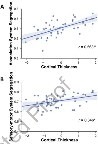 Figure 6. Relationship between cortical thickness and association system segregation (A) and
