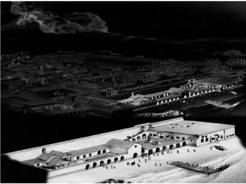 Fig. 1 - Ricostruzione della spiaggia di Ercolano al momento dell’emissione del primo  surge nella notte fra il 24 e il 25 agosto del 79 d.C.; è messo in evidenza il percorso  com-piuto dai fuggiaschi per raggiungere la linea di costa