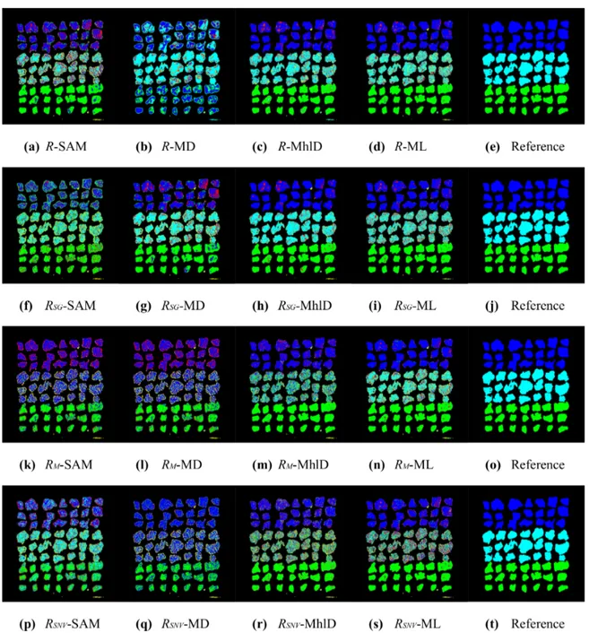 Figure 5. Results of the 16 pixel-wise characterizations for sample ID002 (blue = CuZn, cyan = Fe, green = Cu, yellow = Al, red = Ni, grey = Sn)