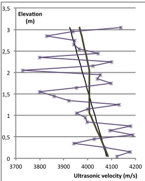 Figure 3. Profile of true velocity (thick continuous line), measured velocities (points) along a  column and linear regression from full dataset (thin line) 