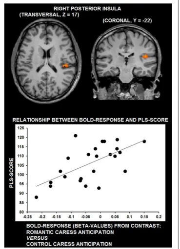 FIGURE 4 | Graphs depicting BOLD-response in right posterior insula during the performance of romantic and control caress (* p &lt; 0.05).