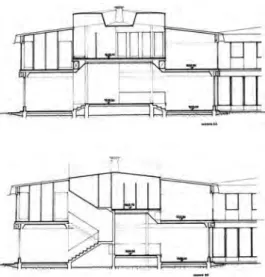 Fig. 13. Proyecto para una residencia en montaña, 1959-60. Concurso  Cornigliano. (Fotografía del dibujo de las secciones de la célula, escala 1:50