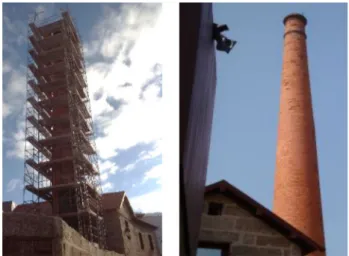 Figure 3.  Structural intervention in the chimney: (a) view with the  scaffolding for the works execution; (b) final configuration.
