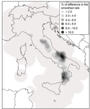 Figure 4. Historical earthquakes from the most recent version of the historical parametric Italian catalogue (CPTI15; Rovida et al., 2016), the spatial variations in b values and the polygons defining the five macroseismic areas used to assess the magnitud