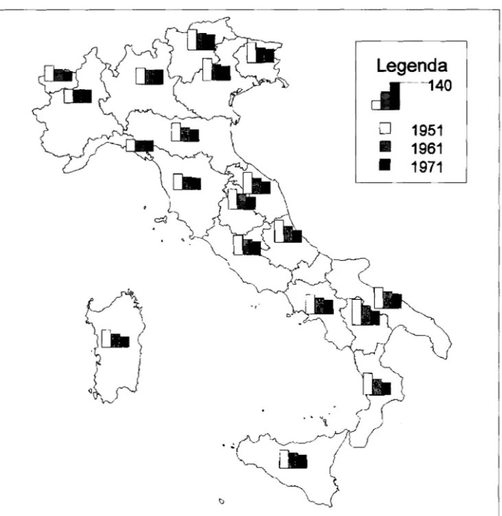 Fig.  1  -  Abitantiperpunto  vendita nel terziario commerciale al dettaglio  Fonte: Elaborazione  dati ISTAT 