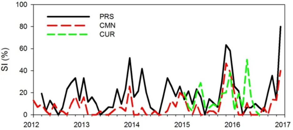 Figure 4. Time series of monthly in situ SI detections at the three measurement sites (2012–2016)