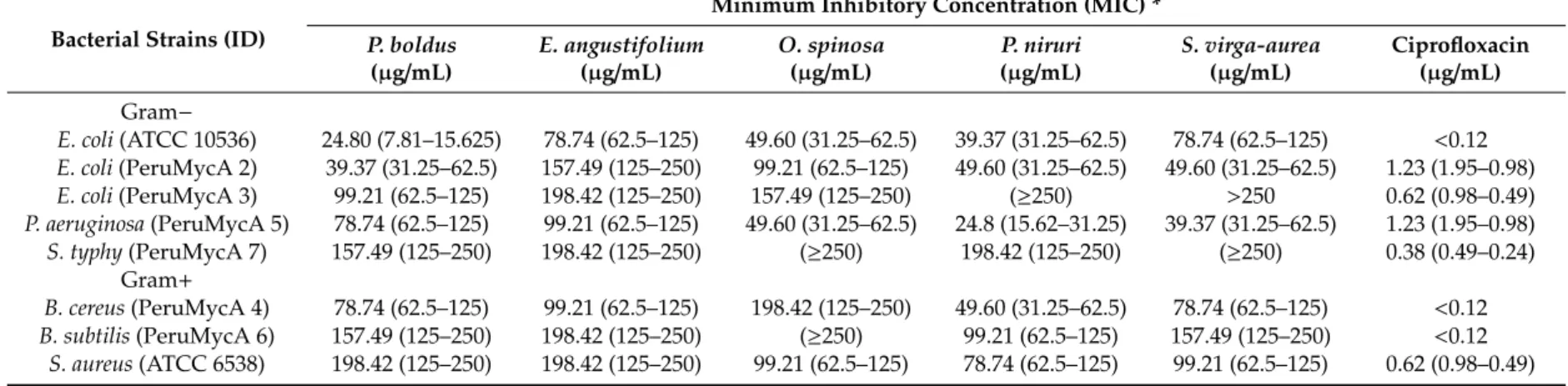 Table 4. Minimal inhibitory concentrations (MICs) of plant extracts against bacterial strains.