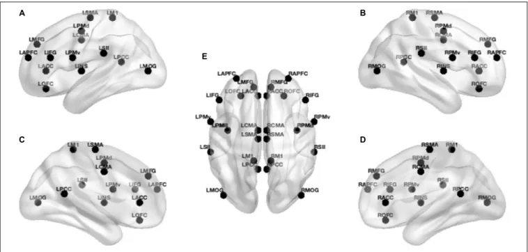 FIGURE 1 | Localization of the 28 ROIs in the brain. From left to right: (A,C) lateral and medial left view of the brain, (E) dorsal view of the brain, and (B,D) lateral and medial right view of the brain