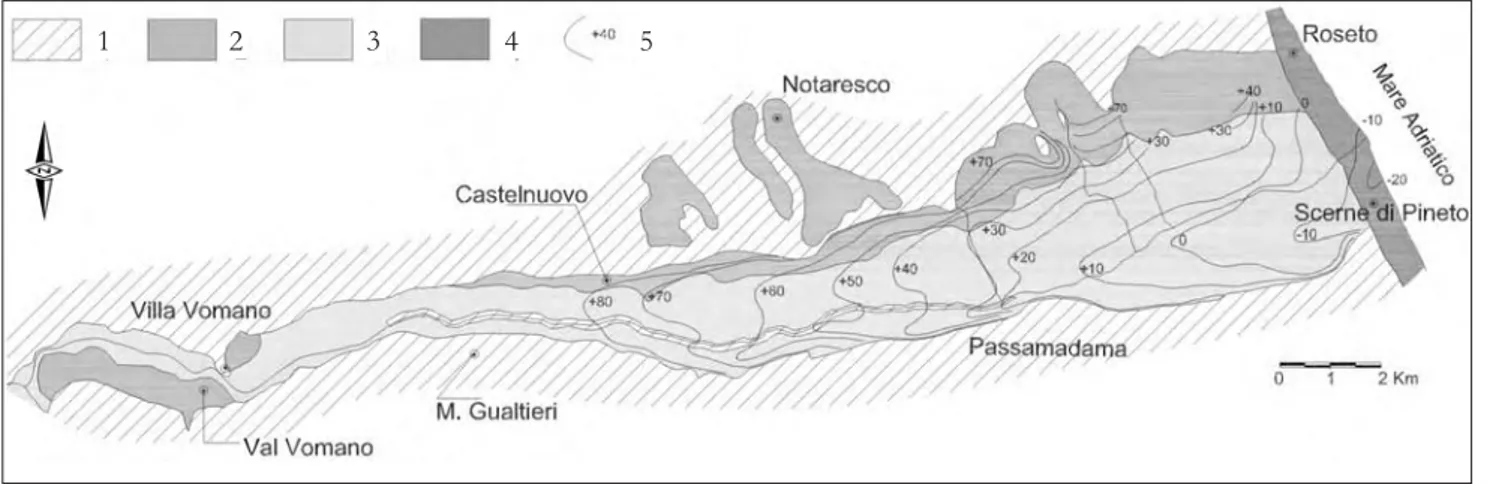 Fig. 11 – Schematic geologic map of  the Vomano alluvial plain. 1) Pelitic-arenaceous deposits (Pliocene-Pleistocene)