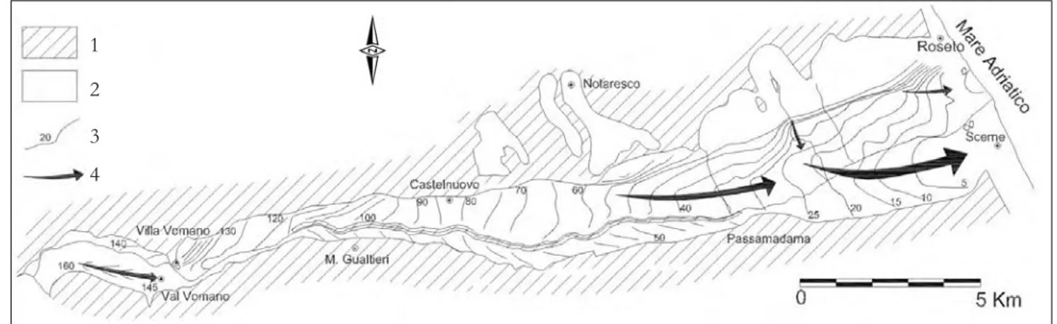 Fig. 15 - Piezometric map of  the Vomano alluvial plain. 1) Pelitic-arenaceous bedrock