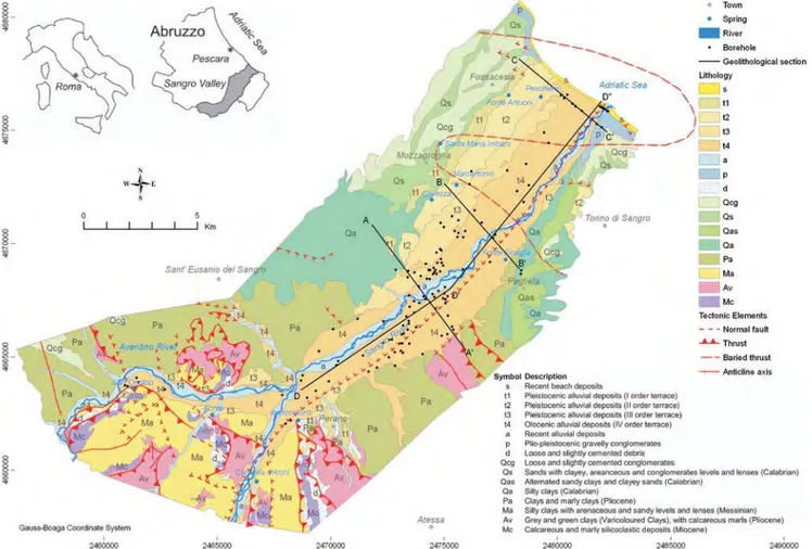 Fig. 2 – Geologic map of  the Sangro alluvial plain with boreholes locations; modified after DESIDERIO et alii, 2007