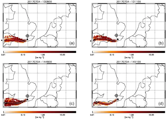 Figure 7. FLEXPART modelled footprint of air mass arriving at the location of FAAM BAe-146 (black triangles) at 10:08 and 10:11 during flight C017 (a, b) and at 14:48 and 14:51 during flight C018