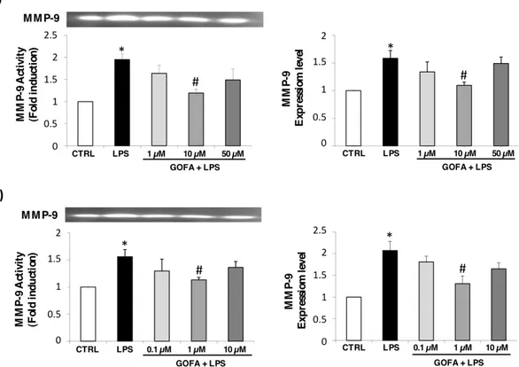 Figure 6. GOFA effects on MMP-9 for U937 (a) and HCT-116 (b) cell lines. Cell-free conditioned  media were assayed for MMP-2 and MMP-9 activity by gelatin zymography