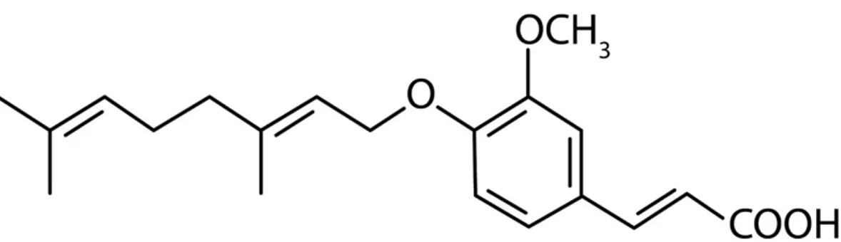 Figure 1. Chemical structures of 3-(4′-geranyloxy-3′-methoxyphenil)-2-trans propenoic acid (GOFA)