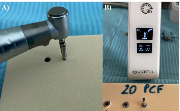 Figure 3. (A) Preparation of the implant site into the 10 pcf polyurethane block. (B) Resonance 