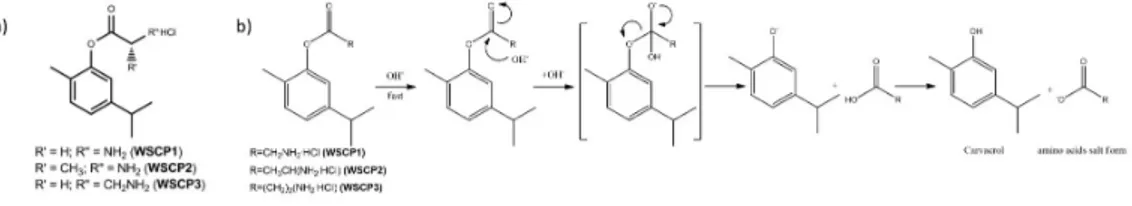 Figure 1. (a) Chemical structures of water soluble carvacrol prodrugs (WSCP1-3) and (b) proposed 