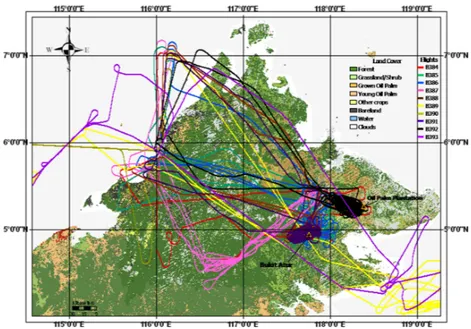 Figure 5. Flight tracks of the BAe 146 research aircraft over Sabah during OP3-III.  The underlying map is as shown in Fig