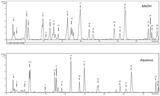 Figure 1. Base peak chromatogram of the methanol and aqueous extracts of A. pyramidalis