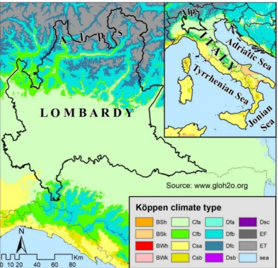 Figure 2. Climate map of Italy with evidenced Lombardy. For the codes, refer to Köppen-Geiger, (1954).