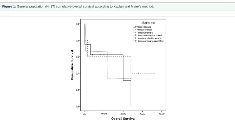 Figure 2:  Patients cohorts according to tumor’s gross appearance vs overall survival (Kaplan and Meier’s method).