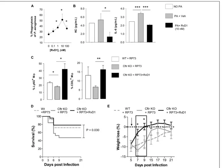 FIGURE 4 | RvD1 enhances clearance of P. aeruginosa and efferocytosis by lung M 8 while dampening inflammation and improving health in chronically infected CF mice