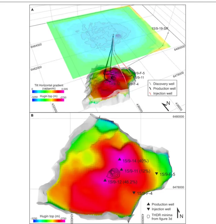 FIGURE 4 | (A) Three-dimensional view of the THDR over the Volve field. The contoured values (thin black lines) were projected to the top Hugin at depth for spatial comparison with reservoir geometry and wells locations