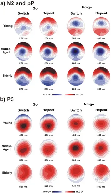 Figure 4. The scalp topographies for groups (young, middle- middle-aged and elderly), Event Types (Go and No-go) and  Response-Sets (Switch and Repeat conditions)