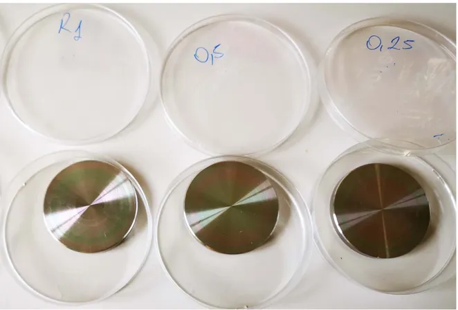 Figure 1. Representative image of stainless steel disks with different roughness, R 0.25, R 0.5, and R 1 µm treated nanoXHAM ® D.