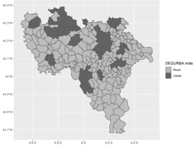 Figure 3. Spatial distribution of the DEGURBA index (degree of urbanisation index): the degree of urbanisation was con- con-sidered invariant throughout the study period