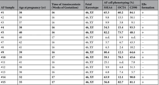 Table 1.  Characterization of AF cells samples. In bold are highlighted the AF cells samples ( Cardiopioetic AF cells) 