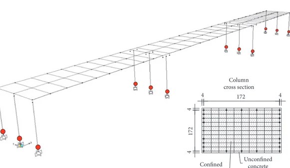Figure 6: 3D view of existing bridge FEM model and column base cross-section discretization.