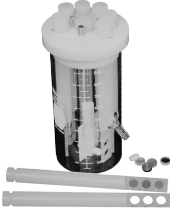 Figure 6. The Center for Disease Control (CDC) biofilm reactor. The CDC Biofilm Reactor consists of eight (8) polypropylene coupon holders suspended from a UHMW-polyethylene ported lid