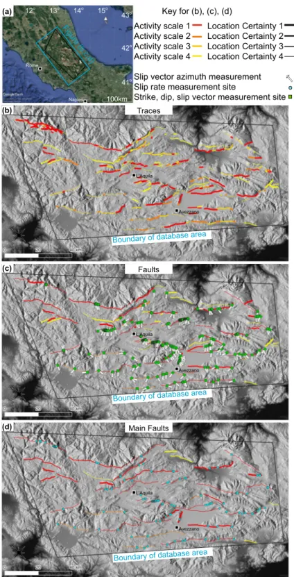 Fig. 2   Location maps showing the traces, faults and main faults in the database. (a) Location map, (b,c,d) maps  of the geographical area covered by the database showing the individual traces (b), faults (c), and main faults  (d)