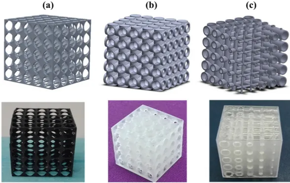 Figure 1.  3D rendering and printed (lower part) of the three different sacrificial templates.